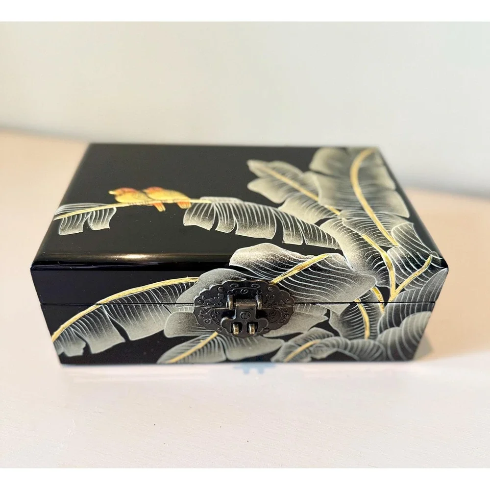 Vintage Black Lacquer Jewelry Box | Chinoiserie Banana Leaf Bird Design, Silk